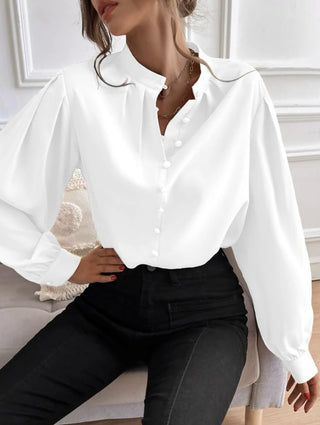 Shirt Women Clothes Half Open Collar Solid Color Loose Long Sleeves Elegant