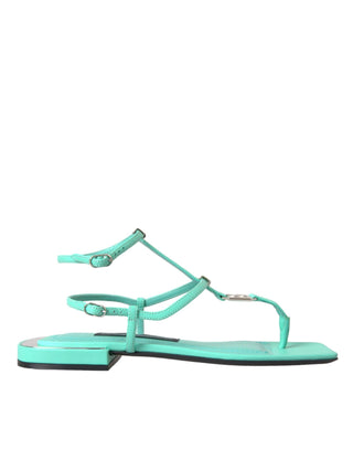 Aqua Green Leather Ankle Strap Flats Sandals Shoes - IzzySauvage