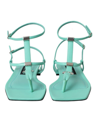 Aqua Green Leather Ankle Strap Flats Sandals Shoes - IzzySauvage