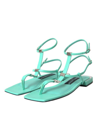 Aqua Green Leather Ankle Strap Flats Sandals Shoes - IzzySauvage