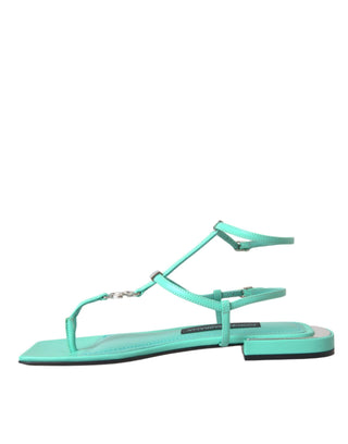 Aqua Green Leather Ankle Strap Flats Sandals Shoes - IzzySauvage