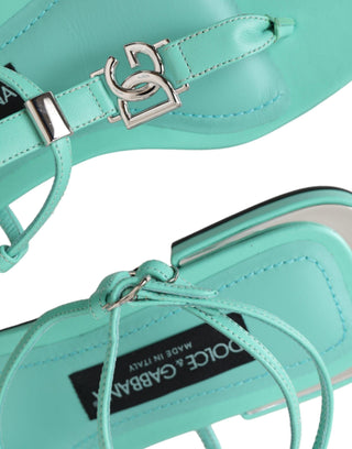 Aqua Green Leather Ankle Strap Flats Sandals Shoes - IzzySauvage