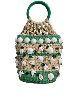 Beige Green Rafia Seashells Crystal Bucket Bag - IzzySauvage