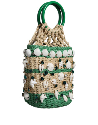 Beige Green Rafia Seashells Crystal Bucket Bag - IzzySauvage