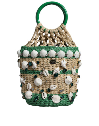 Beige Green Rafia Seashells Crystal Bucket Bag - IzzySauvage