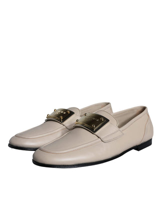 Beige Leather Logo Plaque Slip On Men Loafers Shoes - IzzySauvage