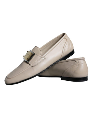 Beige Leather Logo Plaque Slip On Men Loafers Shoes - IzzySauvage