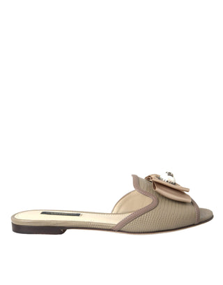 Beige Logo Pearl Flats Sandals Slides Shoes - IzzySauvage