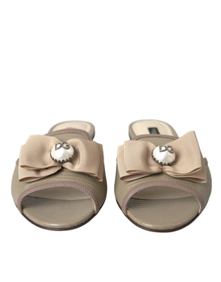 Beige Logo Pearl Flats Sandals Slides Shoes - IzzySauvage