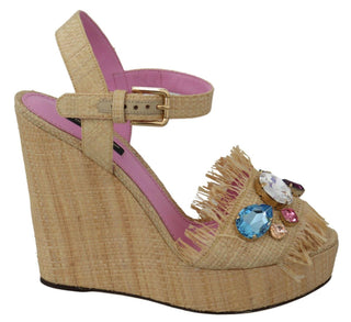 Beige Silk Strap Wedge Sandals - IzzySauvage