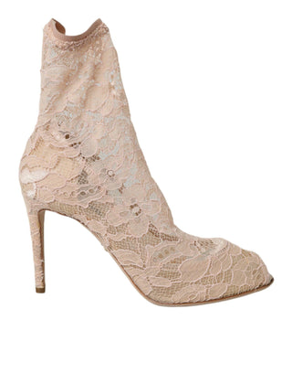 Beige Stretch Taormina Lace Boots Shoes - IzzySauvage