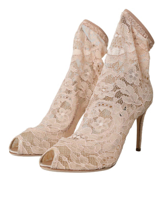 Beige Stretch Taormina Lace Boots Shoes - IzzySauvage