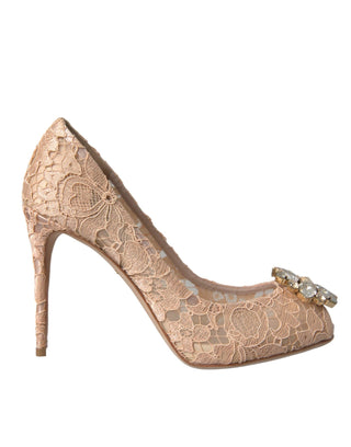 Beige Taormina Lace Crystal Heels Pumps Shoes - IzzySauvage