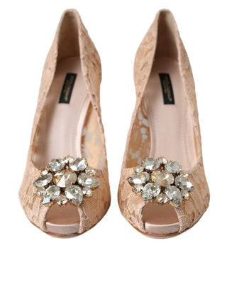 Beige Taormina Lace Crystal Heels Pumps Shoes - IzzySauvage