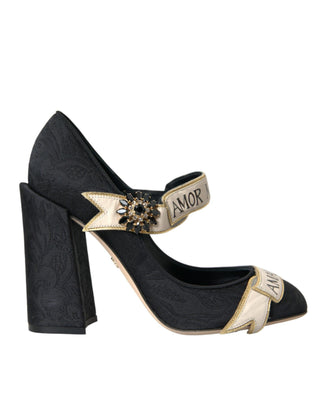 Black Brocade Mary Janes Crystal Pumps Shoes - IzzySauvage