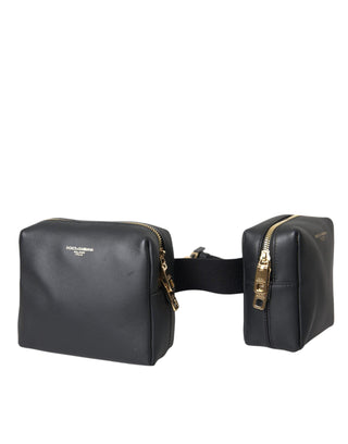 Black Calfskin Leather Double Waist Belt Fanny Pack Bag - IzzySauvage