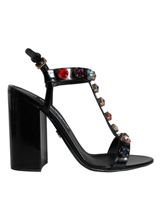 Black Crystal Leather T-strap Sandals Shoes - IzzySauvage