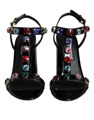 Black Crystal Leather T-strap Sandals Shoes - IzzySauvage