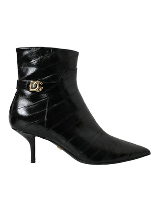 Black Eel Leather Logo Short Boots Shoes - IzzySauvage