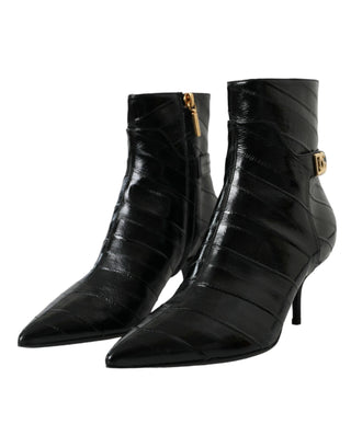 Black Eel Leather Logo Short Boots Shoes - IzzySauvage