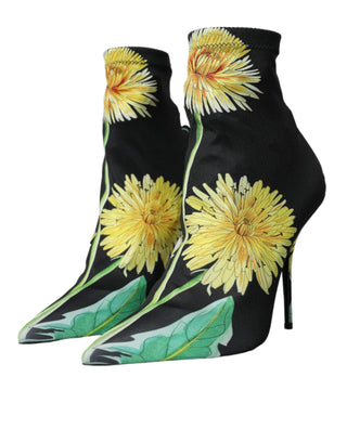 Black Floral Jersey Stretch Ankle Boots Shoes - IzzySauvage