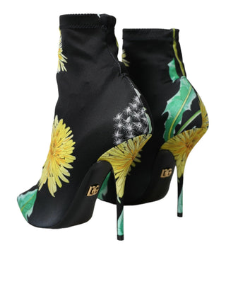 Black Floral Jersey Stretch Ankle Boots Shoes - IzzySauvage