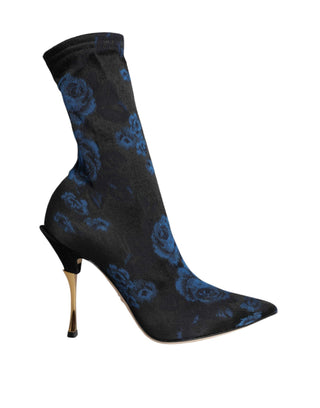 Black Floral Stretch Mid Calf Boots Shoes - IzzySauvage