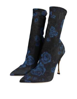 Black Floral Stretch Mid Calf Boots Shoes - IzzySauvage