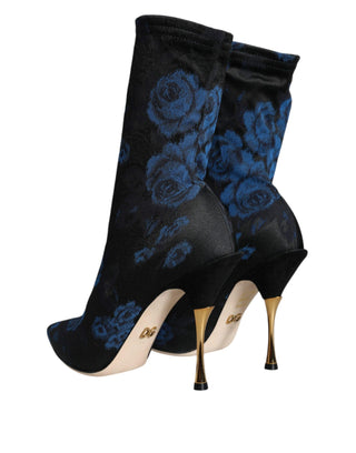 Black Floral Stretch Mid Calf Boots Shoes - IzzySauvage