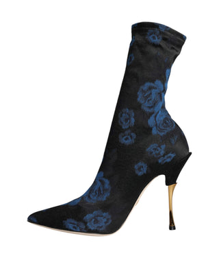 Black Floral Stretch Mid Calf Boots Shoes - IzzySauvage