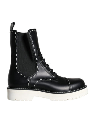 Black Leather Combat Mid Calf Boots Shoes - IzzySauvage