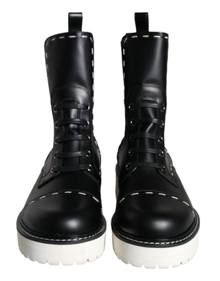 Black Leather Combat Mid Calf Boots Shoes - IzzySauvage