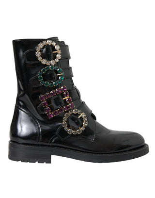 Black Leather Crystal Buckles Boots Shoes - IzzySauvage