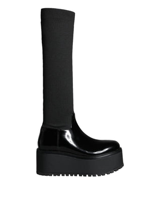 Black Leather Jersey Knee High Boots Shoes - IzzySauvage