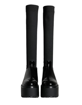 Black Leather Jersey Knee High Boots Shoes - IzzySauvage