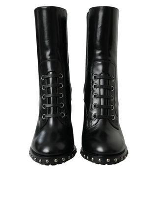 Black Leather Studded Lace Up Boots Shoes - IzzySauvage