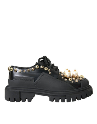 Black Leather Trekking Derby Embellished Shoes - IzzySauvage