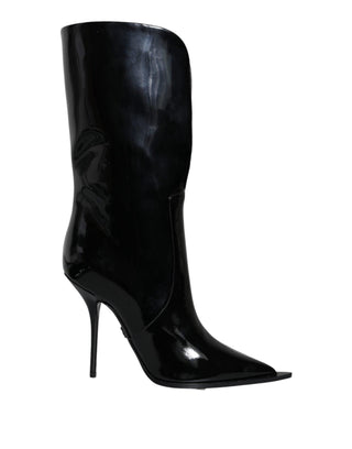 Black Patent Leather Mid Calf Boots Shoes - IzzySauvage