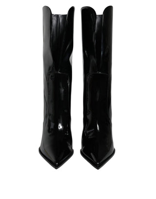 Black Patent Leather Mid Calf Boots Shoes - IzzySauvage