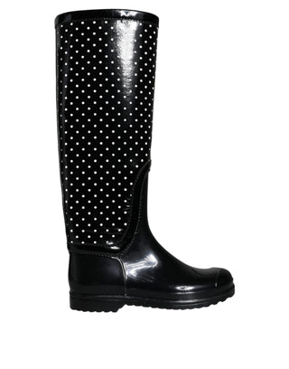 Black Polka Dot Rubber Knee High Boots Shoes - IzzySauvage