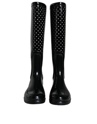 Black Polka Dot Rubber Knee High Boots Shoes - IzzySauvage