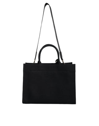 Black Top Handle Canvas Leather Logo Crossbody Tote Bag - IzzySauvage