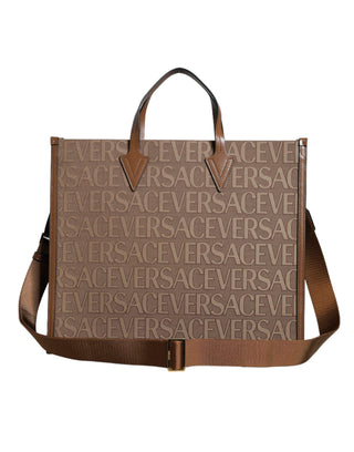 Brown Top Handle Jacquard Leather Logo Crossbody Tote Bag - IzzySauvage