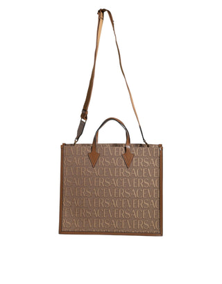 Brown Top Handle Jacquard Leather Logo Crossbody Tote Bag - IzzySauvage