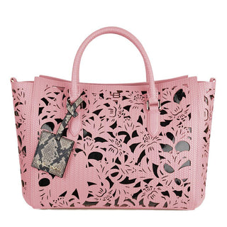 Chic Pink Calfskin Handbag with Floral Accents - IzzySauvage