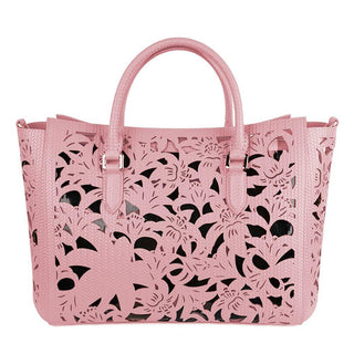 Chic Pink Calfskin Handbag with Floral Accents - IzzySauvage