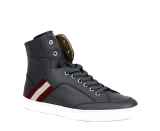 Dark Grey Calf Leather Hi Top Sneaker With Red Beige - IzzySauvage