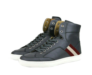 Dark Grey Calf Leather Hi Top Sneaker With Red Beige - IzzySauvage