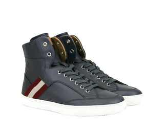 Dark Grey Calf Leather Hi Top Sneaker With Red Beige - IzzySauvage