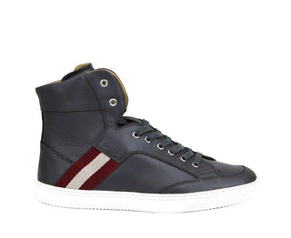 Dark Grey Calf Leather Hi Top Sneaker With Red Beige - IzzySauvage